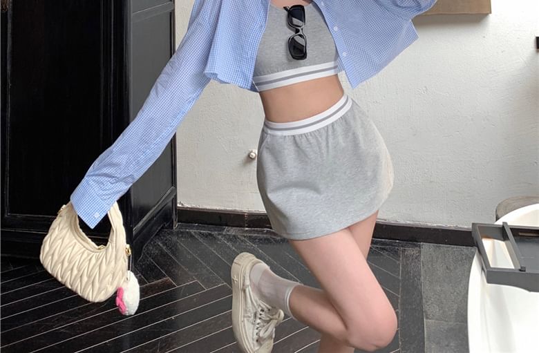 Striped Collared Crop Shirt with Tank Top and Mini Skirt
