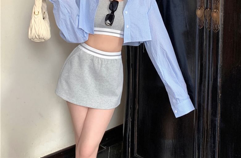 Striped Collared Crop Shirt with Tank Top and Mini Skirt