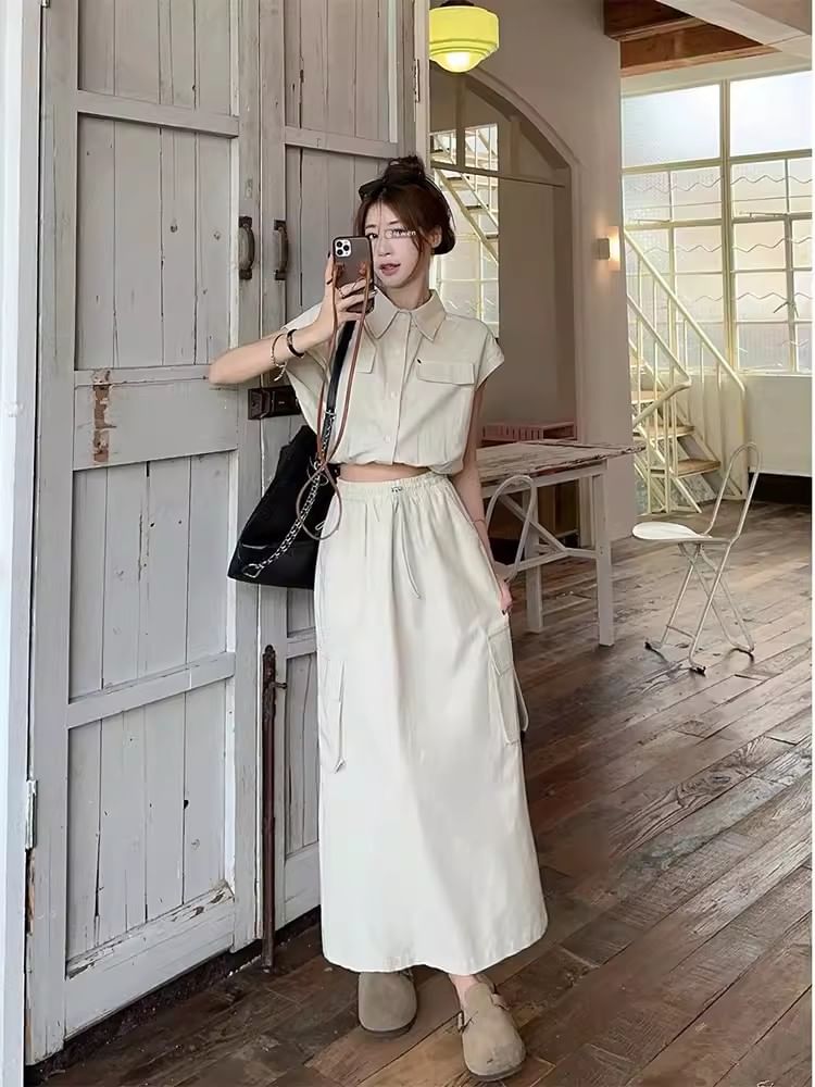 Button-Down Collared Top with Solid Flared Midi Skirt