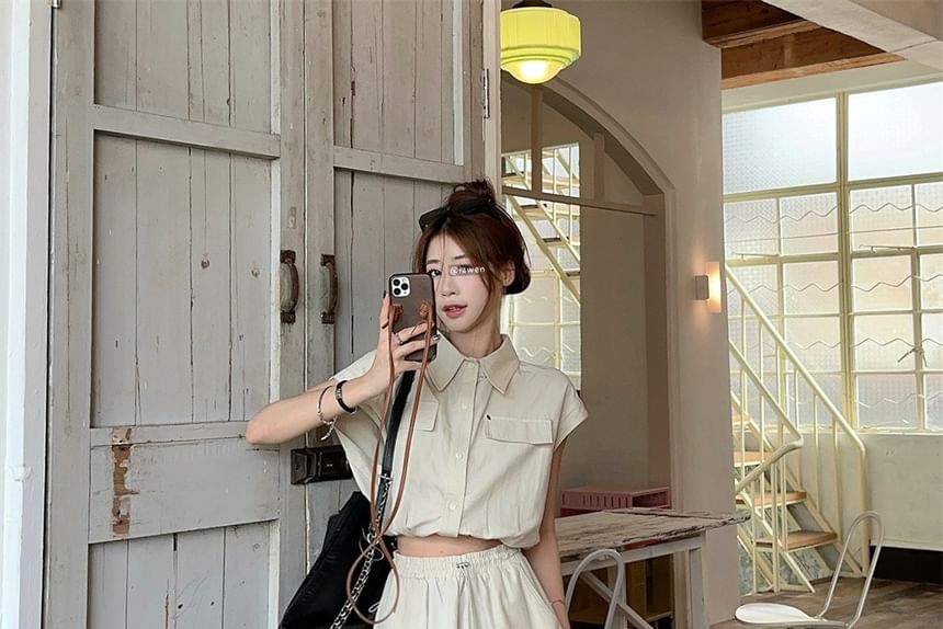 Button-Down Collared Top with Solid Flared Midi Skirt