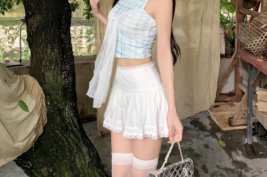 Checkered Halter Crop Top Paired with Classic Mini Flared Skirt