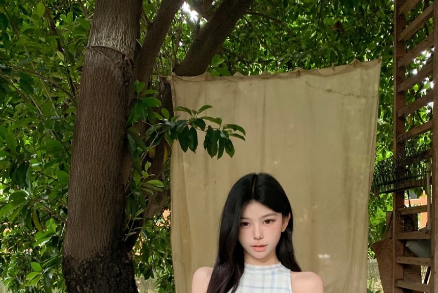 Checkered Halter Crop Top Paired with Classic Mini Flared Skirt