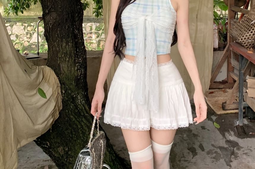 Checkered Halter Crop Top Paired with Classic Mini Flared Skirt