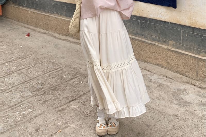 Lace Trim Crew Neck Top with Midi A-Line Skirt