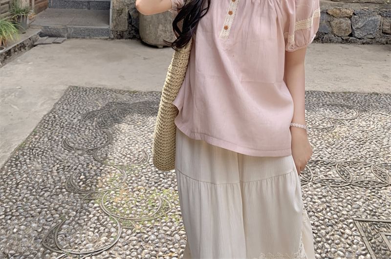 Lace Trim Crew Neck Top with Midi A-Line Skirt