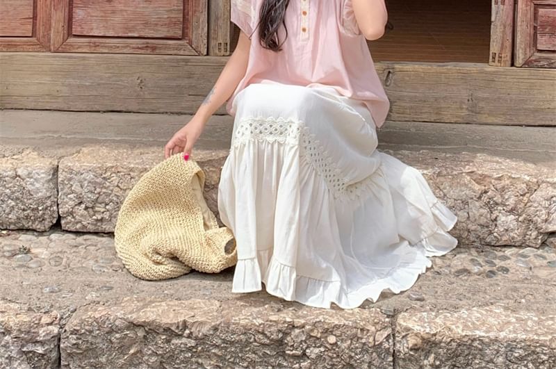 Lace Trim Crew Neck Top with Midi A-Line Skirt