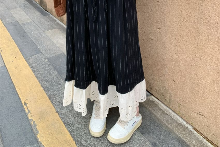 Two-Tone Crew Neck Top with Pinstriped Maxi Skirt