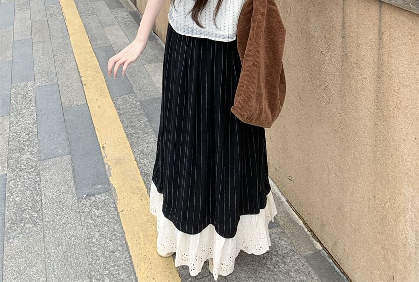 Two-Tone Crew Neck Top with Pinstriped Maxi Skirt