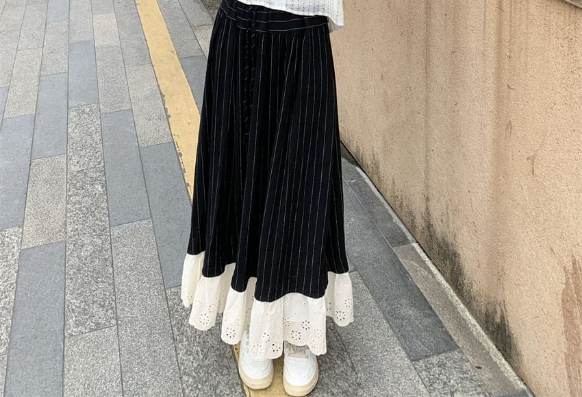 Two-Tone Crew Neck Top with Pinstriped Maxi Skirt