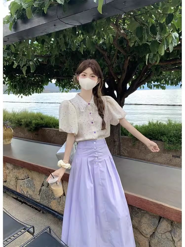 Polka Dot Collared Short Sleeve Blouse with Midi Skirt