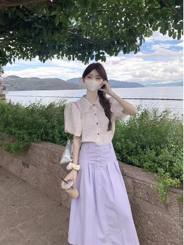 Polka Dot Collared Short Sleeve Blouse with Midi Skirt