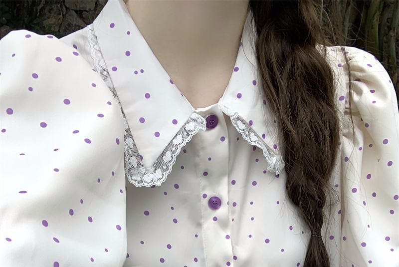 Polka Dot Collared Short Sleeve Blouse with Midi Skirt