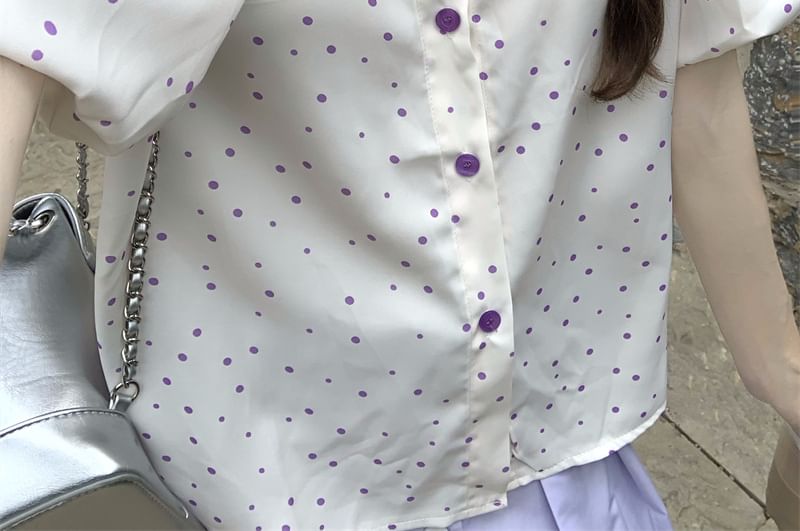 Polka Dot Collared Short Sleeve Blouse with Midi Skirt