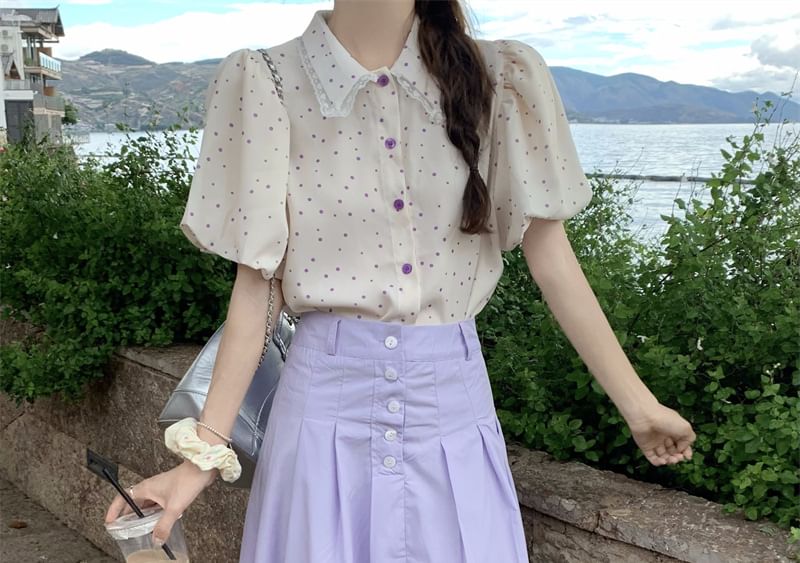 Polka Dot Collared Short Sleeve Blouse with Midi Skirt