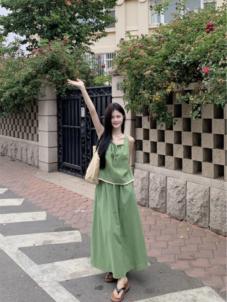 Square Neck Striped Top with Flowing Maxi Skirt