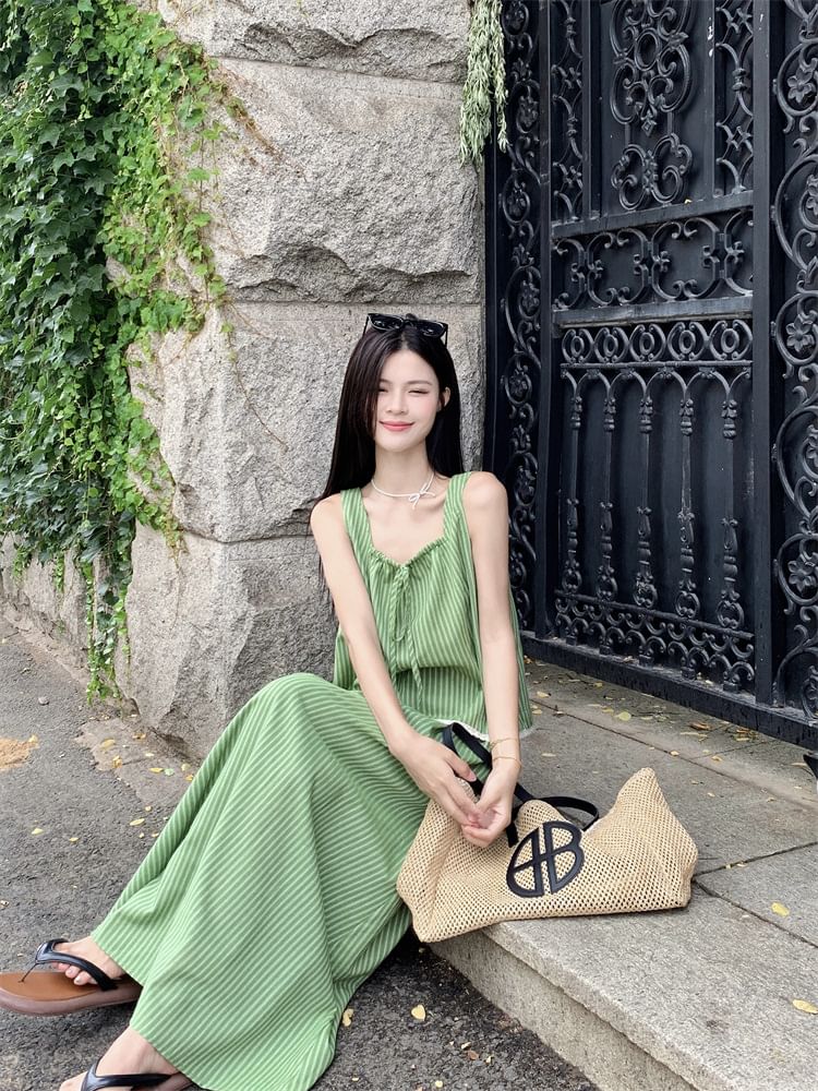 Square Neck Striped Top with Flowing Maxi Skirt