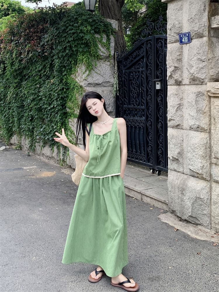 Square Neck Striped Top with Flowing Maxi Skirt