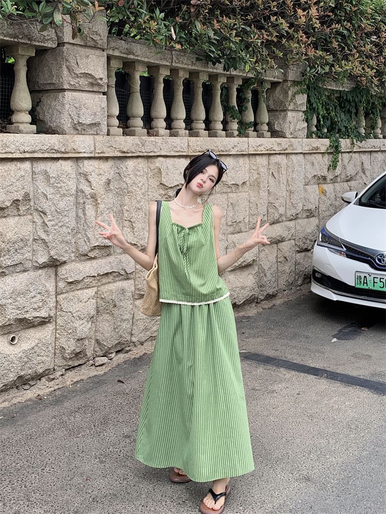 Square Neck Striped Top with Flowing Maxi Skirt