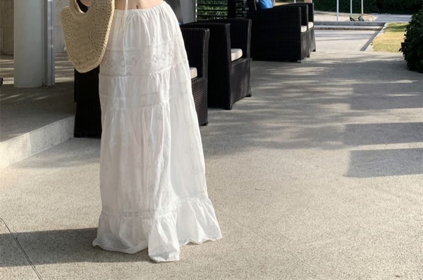 Lace Panel Crop Top with Elastic Waist Maxi Skirt