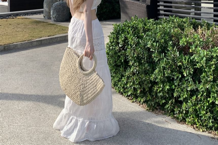 Lace Panel Crop Top with Elastic Waist Maxi Skirt