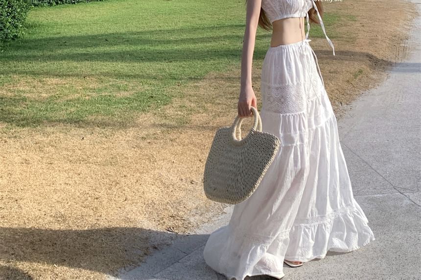 Lace Panel Crop Top with Elastic Waist Maxi Skirt