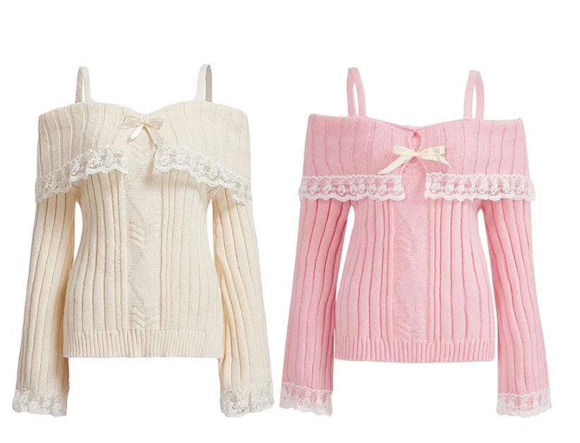 Cold-Shoulder Lace Ribbed Loose Knit Sweater