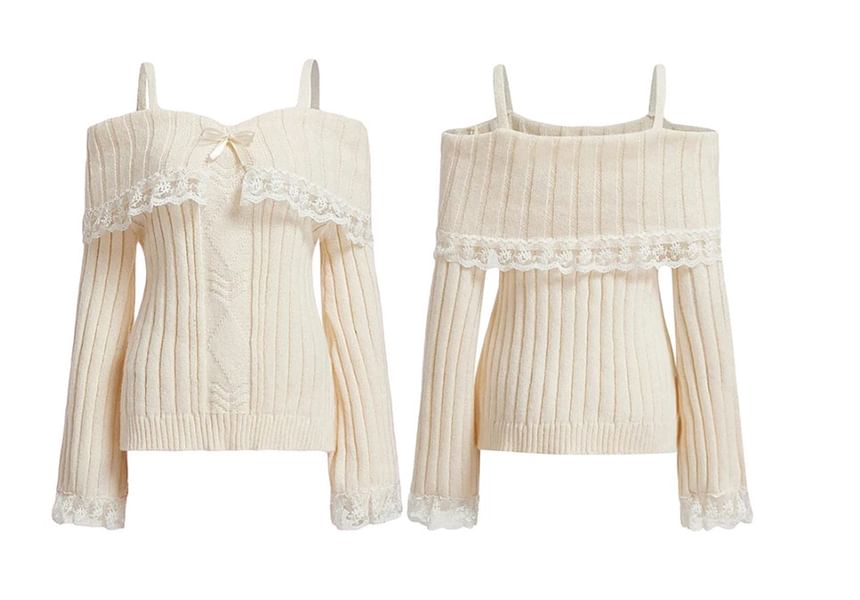 Cold-Shoulder Lace Ribbed Loose Knit Sweater