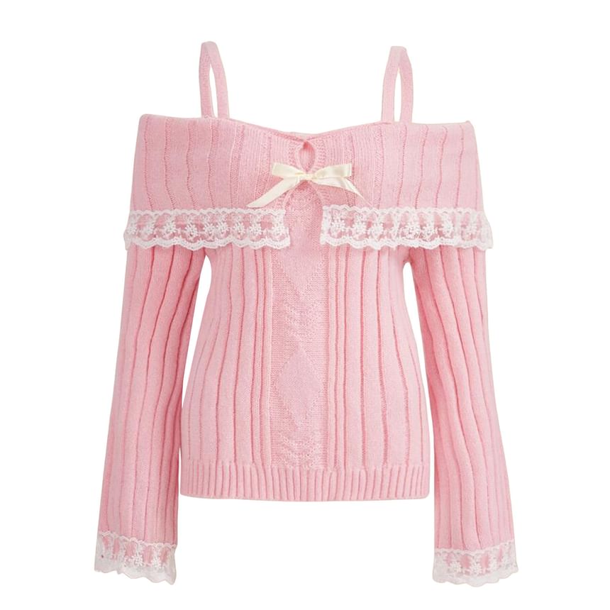 Cold-Shoulder Lace Ribbed Loose Knit Sweater