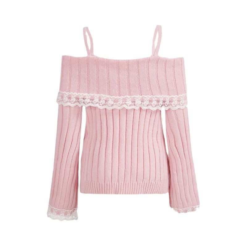 Cold-Shoulder Lace Ribbed Loose Knit Sweater