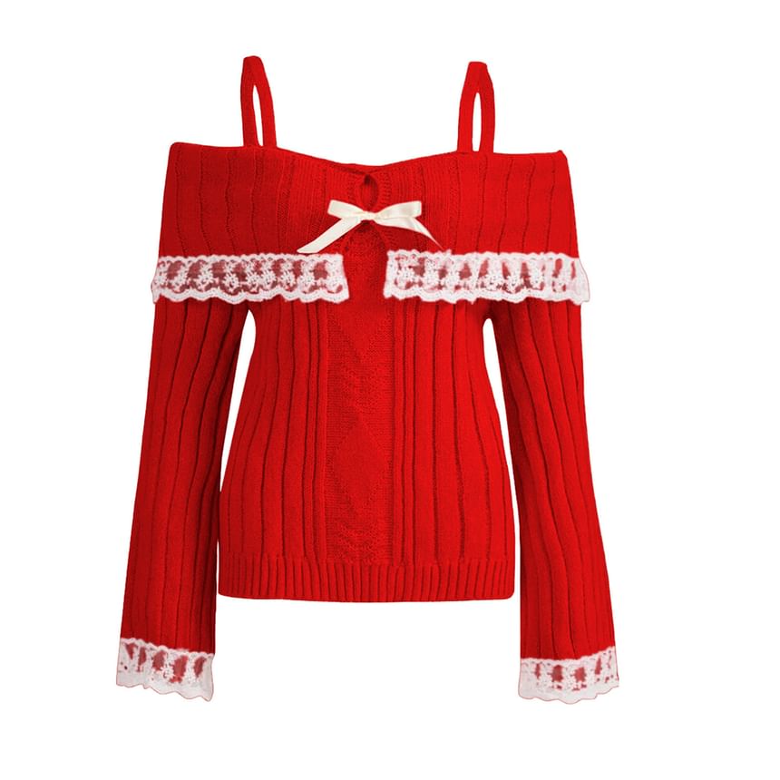 Cold-Shoulder Lace Ribbed Loose Knit Sweater