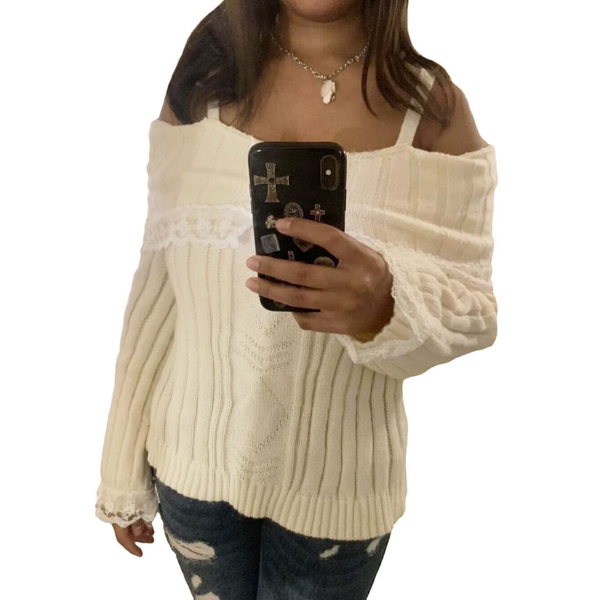 Cold-Shoulder Lace Ribbed Loose Knit Sweater