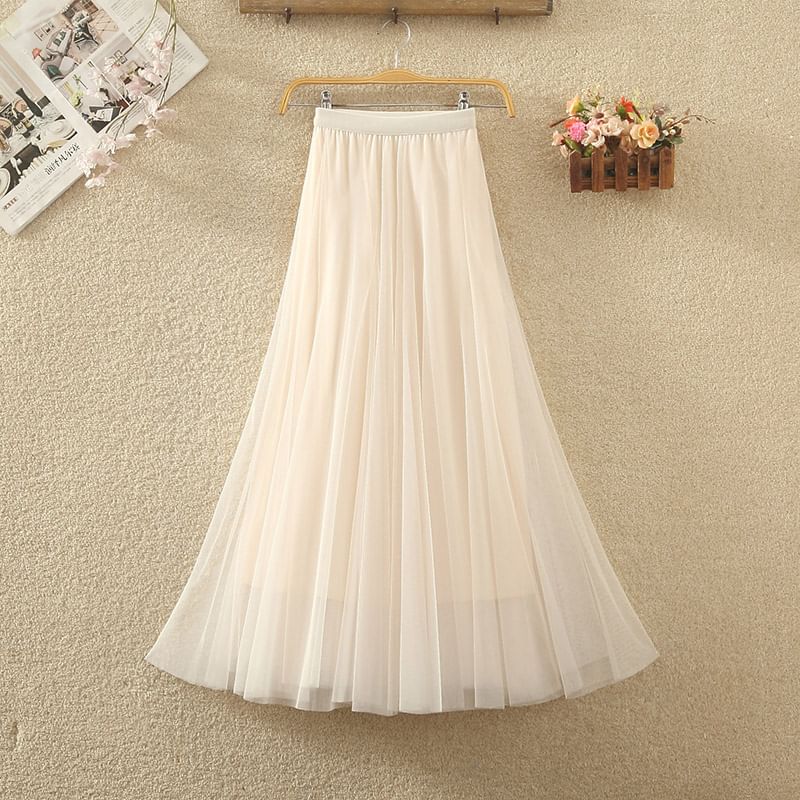 Elastic Waist Mesh A-Line Skirt with Multiple Patterns