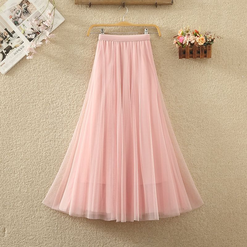 Elastic Waist Mesh A-Line Skirt with Multiple Patterns