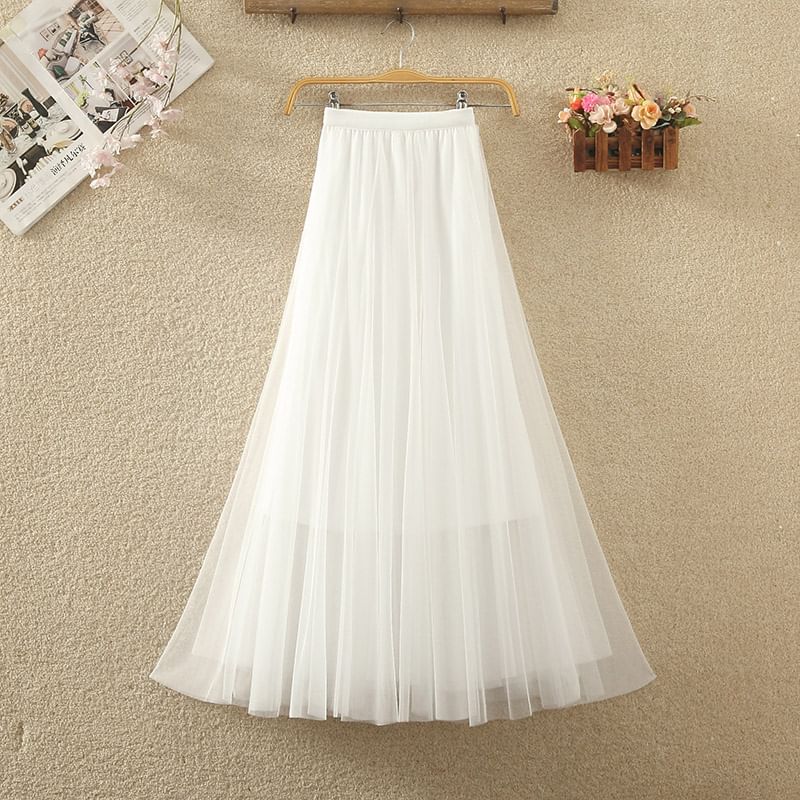 Elastic Waist Mesh A-Line Skirt with Multiple Patterns