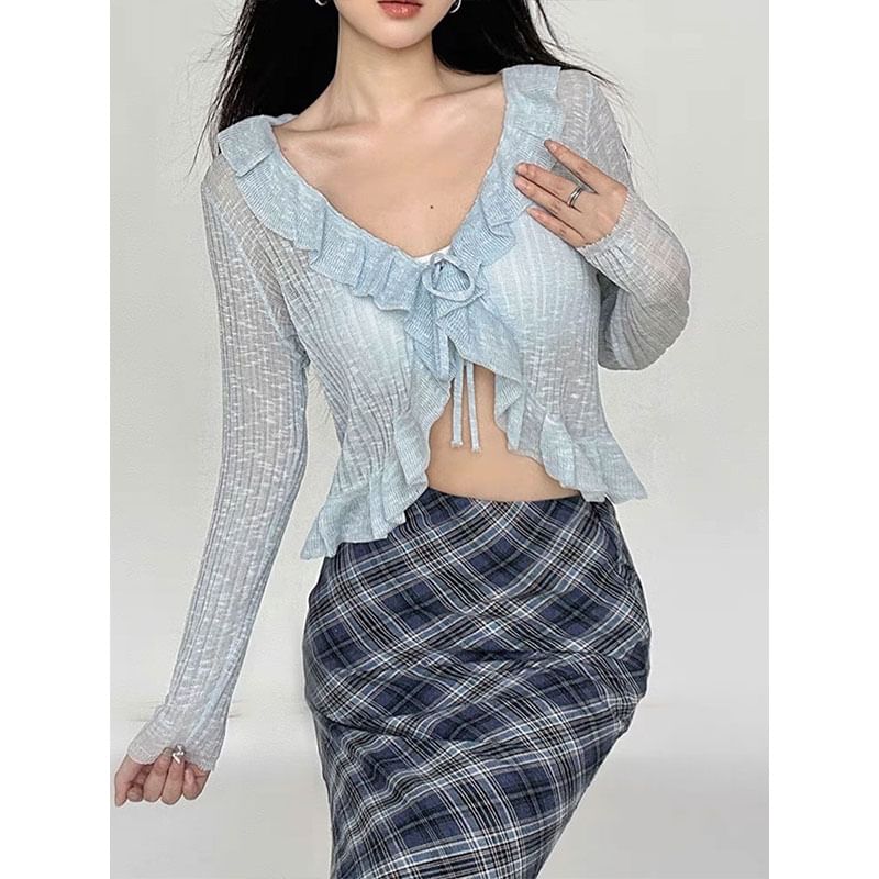 Ruffled V-Neck Tie Front Cropped Knitwear