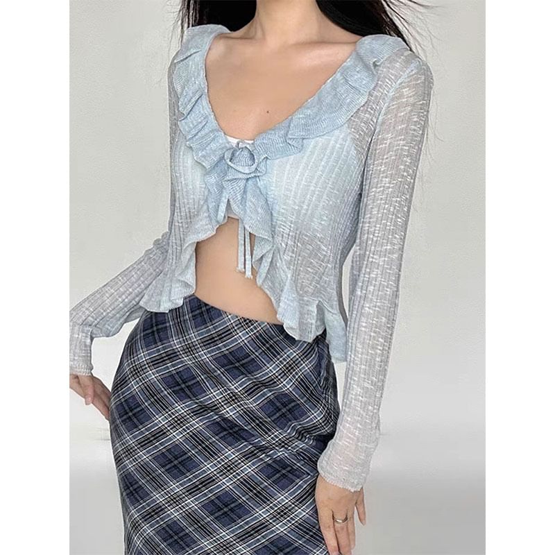 Ruffled V-Neck Tie Front Cropped Knitwear