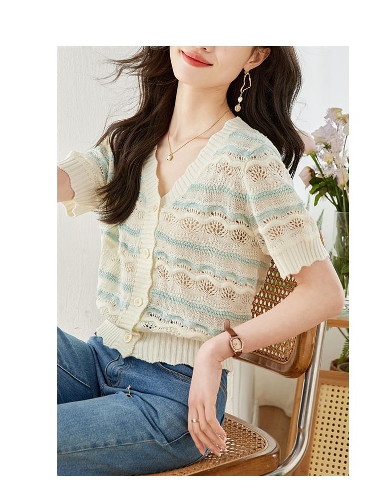 Short Sleeve Striped V-Neck Knit Top