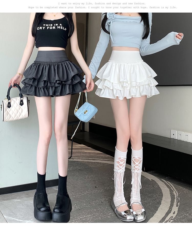 Sophisticated Solid Tiered Mini Skirt with High Waist