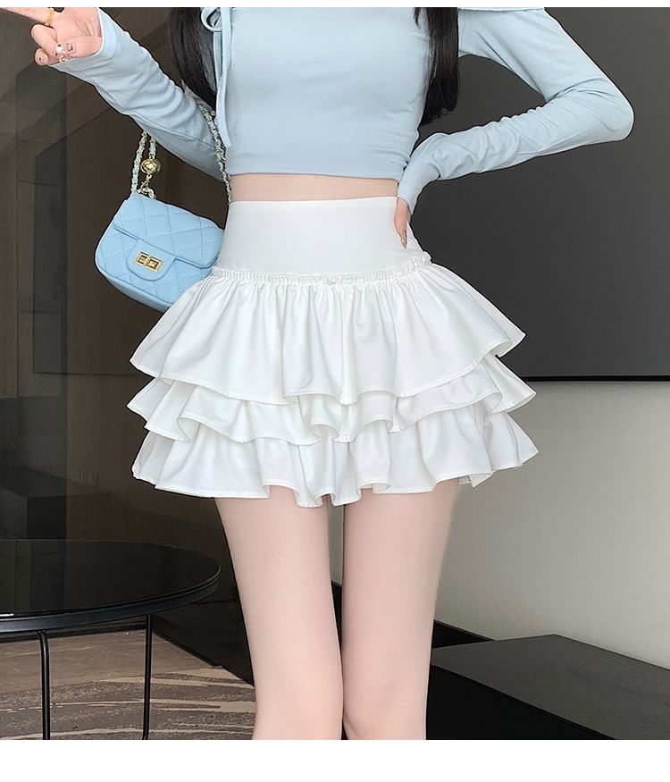 Sophisticated Solid Tiered Mini Skirt with High Waist