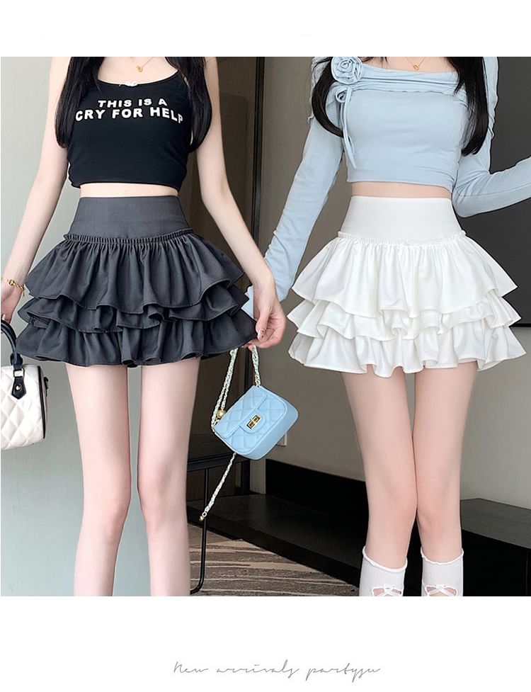 Sophisticated Solid Tiered Mini Skirt with High Waist