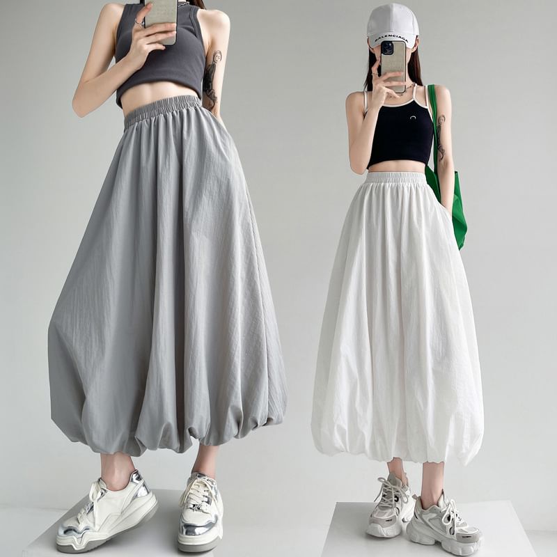 Elegant Solid Midi Flared Skirt with High Waist
