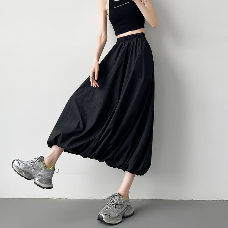 Elegant Solid Midi Flared Skirt with High Waist