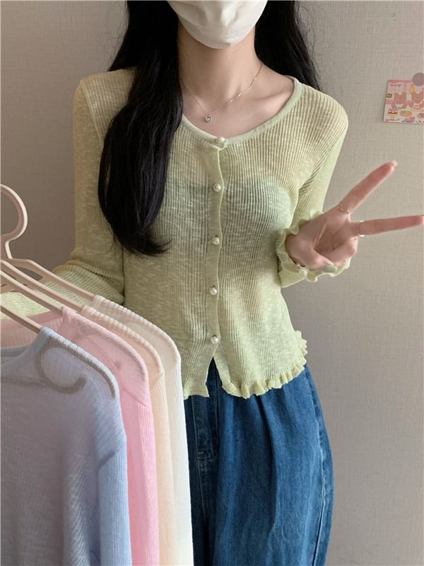 Faux Pearl Button Trim Cardigan with Ruffles
