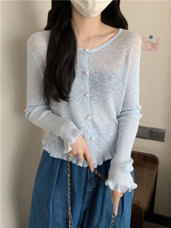 Faux Pearl Button Trim Cardigan with Ruffles