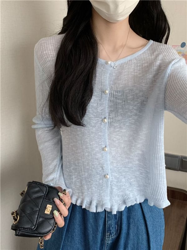 Faux Pearl Button Trim Cardigan with Ruffles