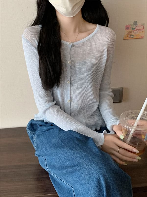 Faux Pearl Button Trim Cardigan with Ruffles