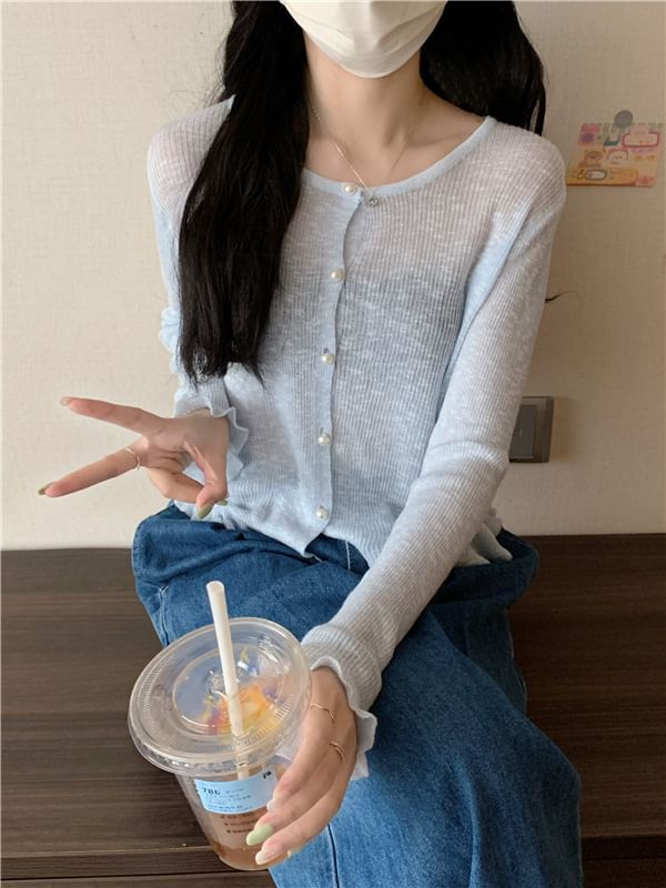 Faux Pearl Button Trim Cardigan with Ruffles