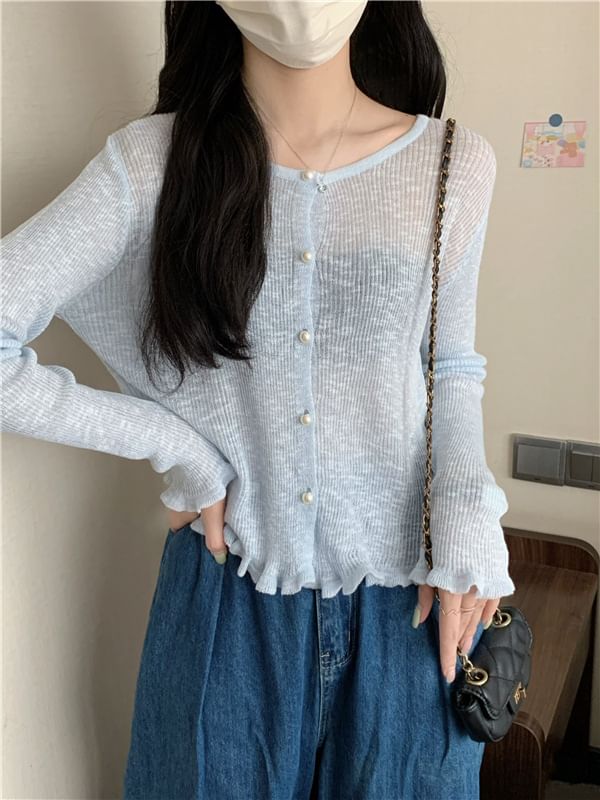 Faux Pearl Button Trim Cardigan with Ruffles
