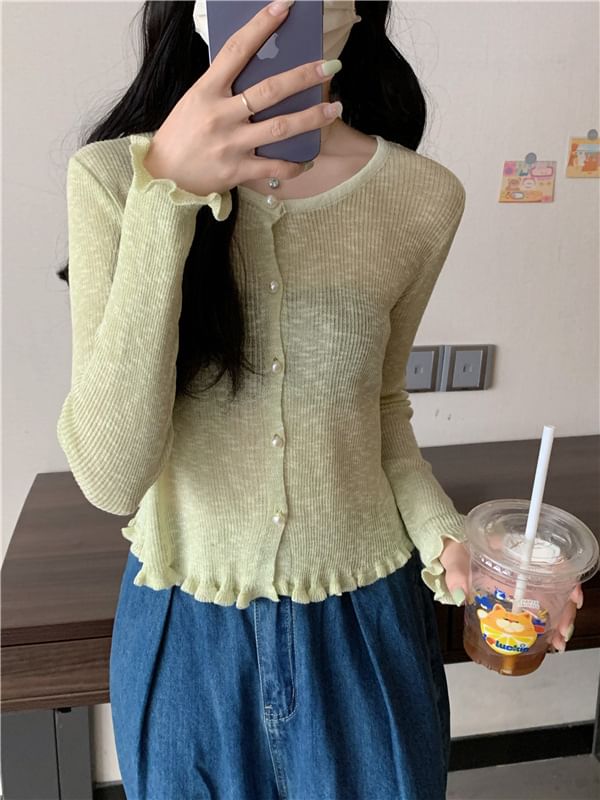 Faux Pearl Button Trim Cardigan with Ruffles