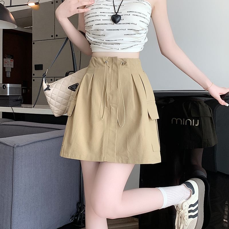 Drawstring Cargo Mini Flared Skirt with High Rise